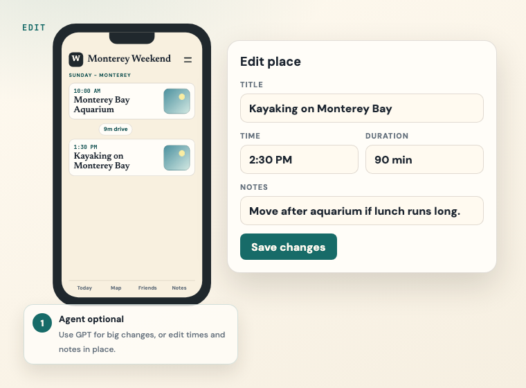 Waypad edit place screen showing time, duration, notes, and save changes